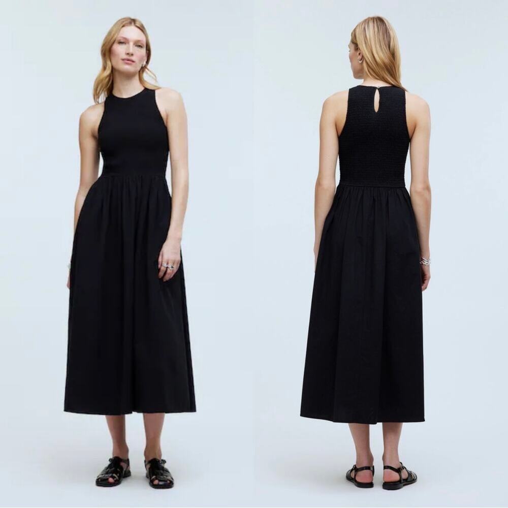 madewell the melody smocked midi dress true black np124 women xxsmall